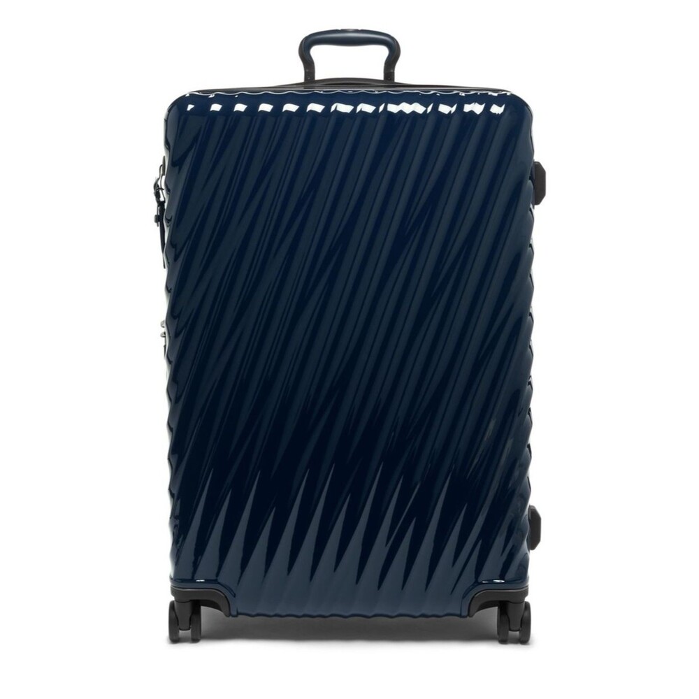 Tumi Large Expandable Checked Glossy Navy Hard-Shell Spinner Luggage suitcase